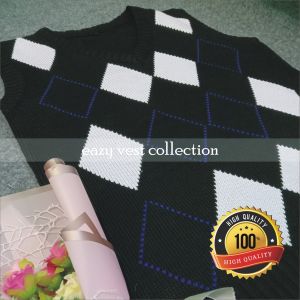 R15 - Rompi Rajut Pria & Wanita | Warna Hitam Motif Kotak Garis Putih Biru | Vest Bahan Premium 100%