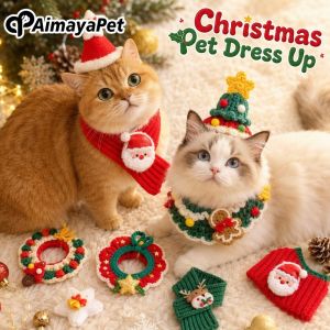 Hand Knitted Christmas Pet Collar Scarf Santa Elk Design Soft For Small Dogs Cats Xmas Party Dress Up Accessories