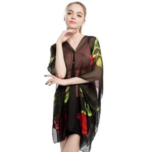 Women Sun Protection Shawl for Cycling Lady Summer Chiffon T-shirt Holiday Flower Scarf Bikini Blouse Breathable Beach Wrap