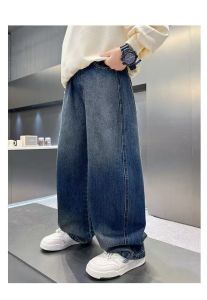Kids Boys Casual Straight Wide-Leg Elastic Waist Denim Jeans Pants Trousers With Real Pockets