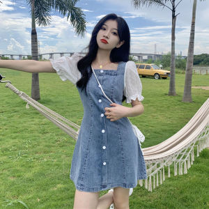 เดรสกระโปรงสั้นผ้าเดนิมแขนพัฟผู้หญิงดีไซน์ฝรั่งเศสอารมณ์อ่อนโยนเก๋เอวกระโปรงสั้น
