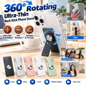 360° Rotating Slim Phone Holder Ultra Thin Metal Phone Stand Foldable Back Mount Adjustable Desktop Support Universal Smartphone Grip