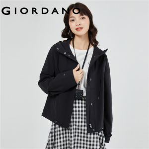 GIORDANO Women Jackets Pleated Sleeve Loose Windbreakers Zip Front Solid Color Simple Fashion Casual Hooded Jackets 05373722