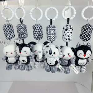 Baby Crib Mobile Black White Visual Stimulation Soft Plush Animal Toy With Rattle Bell For Newborns Stroller Bed Hanger