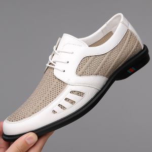Free Shipping MenS Summer Hollow-Out Breathable Leather Shoes Featuring A Mesh Upper Suitable For Business And Casual Wear With Laces A Soft Sole And A Lightweight Design