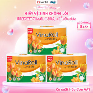 [COMBO 3 LỐC] Giấy vệ sinh PREMIER VinaRoll không lõi 3 lớp - 100% bột giấy nguyên sinh không chất tẩy 6 cuộn/lốc - Chính hãng