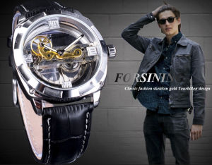 Original Forsining Official Exclusive Sale of Double-Sided Transparent Military Mens Top Steampunk Leather Luxury Sports Watch - Gifts for Men