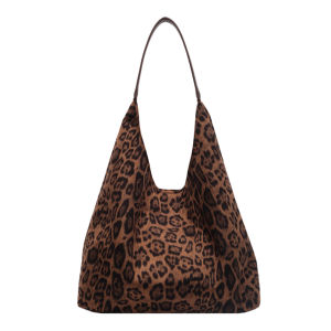 Premium Women Tote Bag in Suede Material with Leopard Pattern Large Capacity Shoulder Bag for Daily Use