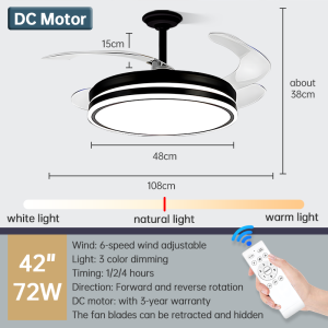 Gogeous white 42inch ceiling fan with light modern design 3 color dimming 6 speed wind ceiling fan with led lights and remote invisible fan blades for living room dining room bedroom