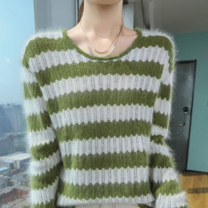 43 Autumn Round Neck Mink Cashmere Sweater Womens Loose Classic Striped Jumper Fashion Hollow Knit Sweater Ladies Plus-Size Top