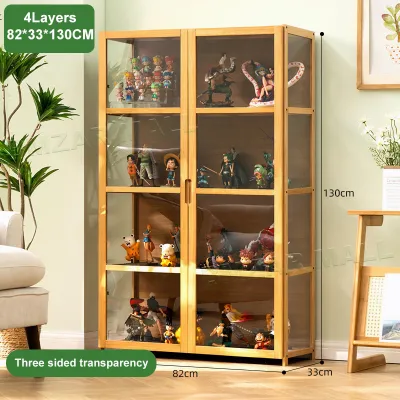 Display Cabinet 2 Doors 4/5 Layers Three Sided Transparency Display Organizer Bookshelf Wooden Bookcase Cabinet shelves