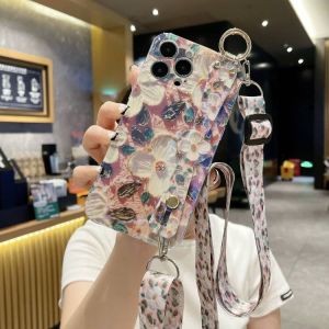 For iphone 17 Pro Max Air 16 Pro 15 Pro Max iphone 14 Pro Max iPhone 13 Pro Max 12 Pro iphone 11 7 8 Plus X XR XS Max SE 2022 Case Flower Floral Blue-ray Glitter Case Shock Resistant Slim Ultra Thin iphone Case Crossbody Strap Lanyard Shoulder Cover