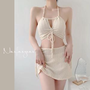 mbk เซ็ต 3 ชิ้น ชุดว่ายน้ำ ผู้หญิง ลุคน่ารัก บิกินี่ Bikini สไตล์เกาหลี ชุดไปทะเล รหัส 9311 สีครีม สีดำ Swimsuit