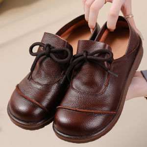 Yuaae phong cách ren lên Giày búp bê múa ba lê của phụ nữ 2024 giày đi mùa xuân Giày loafer da bò nữ dép giày da đanh rộng phù hợp với ổ đĩa phẳng Giày