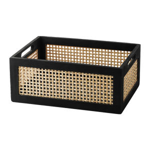 Rattan Storage Basket Black Wooden Frame Woven Organizer Box with Handles for Home Bedroom Closet Shelf Desk Storage