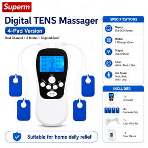 Superm Digital Therapy Machine TENS Massager 4/8 Pads for Neck Back Waist Legs 8 Modes Dual Channel Massager