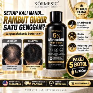 KORMESIC 5% Minoxidil Hair Growth Shampoo - Biotin Anti-Hair Loss & Hair Regrowth Scalp Care Shampoo for Men & Women Helps Reduce Hair Fall and Strengthen Hair Roots Ready Stock in Malaysia