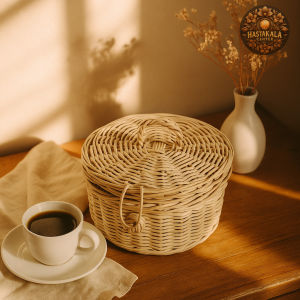 Keranjang Rotan / Rattan Bulat Bertangkai Pendek dengan Tutup Warna Natural uk. 20x12 cm