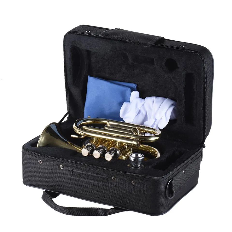 HXBER Mini Pocket Trumpet Bb - Brass Beginner Trumpet With Case, Mouthpiece & Accessories