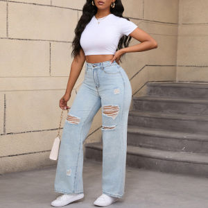 G7 Mid-Waist Long Pants for Women New Elastic Ripped Loose Flared Jeans from Guangzhou Xintang Jeans 7/7