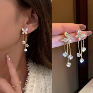 【Local Delivery】Shiny Butterfly Front-back Drop Earrings Long Tassel With AAA Zirconia Diamonds Statement Jewelry Luxury Style For Lady Girls Wear Accessories