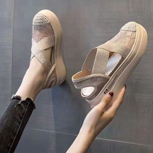 [BISA COD] Sepatu Sandal Wedges Import Kekinian Tebal Terbaru - Sol Tebal AH8 - Gratis Box - Best Seller (23-25) - Bahan Kain Renda