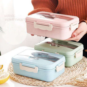 Hộp Cơm Lúa Mạch 3 Ngăn Chất Liệu An Toàn Sức Khỏe Có Thể Hâm Trong Lò Vi Sóng Kèm Muỗng Đũa Tiện Lợi Cao Cấp