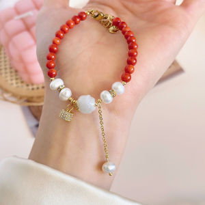 【discount store】New Natural Coral Stone Freshwater Pearl For Women Ins Style Niche High-End Feel Jade Rose Flower Bracelet HandString