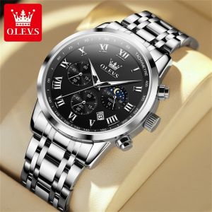 OLEVS Watch For Men 2024 New Luxury Stainless Steel Multifunctional Moon Phase Chronograph Waterproof Original Calendar Luminous