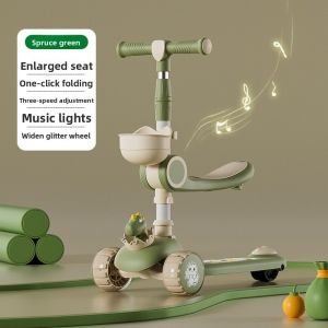 HELUVK Folding Kids Scooter with Music Seat Adjustable Height Tricycle  Anti-Tip Push Scooter For 2-10Y