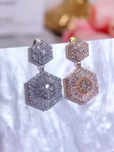 FCSEQUITO Exquisite Women Ear Jewelry Yellow Gold Plated Pave Setting Shiny AAAAA Cubic Zirconia Hexagon Shape Long Drop Earrings for Party SE954