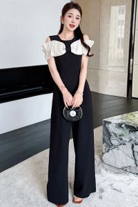 Fashion short-sleeved off-the-shoulder jumpsuit womens new fashion jumpsuit temperament off-the-shoulder color matching high-waisted wide-leg pants jumpsuit