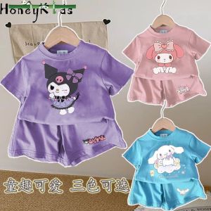 HoneyKids Sanrio Kuromi Girls Baby Dopamine Cartoon Fashion Cute T-shirt + Shorts Two-piece Set