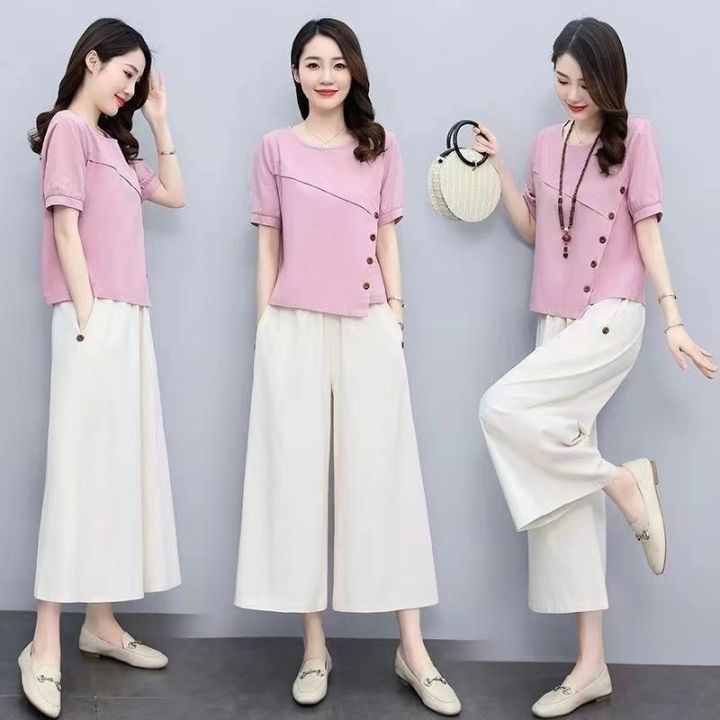 Women Suit 2023 Summer New Korean Style Short Sleeve Tops Fashion Wide Leg  Pants 2 Two Piece Set Casual Plus Size Female Outfits