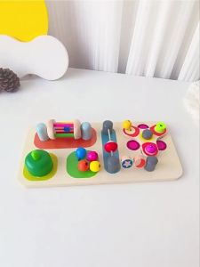 Montessori early education wooden rolling drum and bell busy board for toddlers fine motor skill training and intellectual development toy