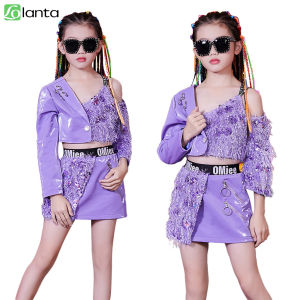 LOlanta Kids Girls Purple Sequins Jazz Street Dance Costume Hip Hop Outfit Catwalk Trendy Clothing Stage Performance Wear 5-14 Years
