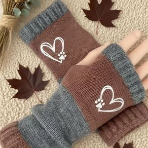 ZEIIE Heart-Shaped Fingerless Gloves Color-Blocking Elastic Cuffs Decorative Gloves Vintage Touchscreen Compatible Womens Winter Gloves For Women
