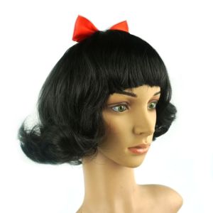 HUNIU Red Bow Headwear Snow White Princess Wig Black Curly Short Wavy Wig Stage Show Natural Halloween Cosplay Wig Girls