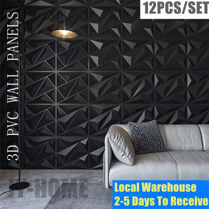 [12/4Pcs Pack] 3D PVC Diamond Design Wall Panels Black Wallpanels TV