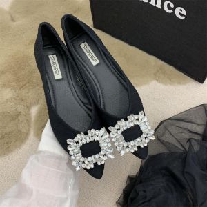 Giày búp bê nữ mũi nhọn đính đá cực đẹp giày nữ đế bệt 2 màu đen kem êm chân