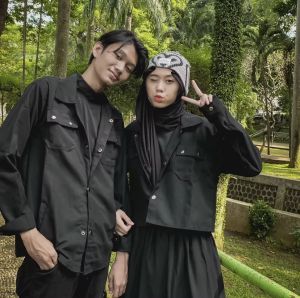 Elfaras Fashion Couple Set Jaket Semi Parka Baby Canvas Isi 2 Pcs Pria Wanita Crop Lengan Panjang