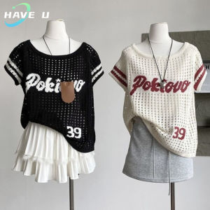 HAVE U Jacquard Tshirt for Women Hollow Knitted T-shirt Letter Blouse