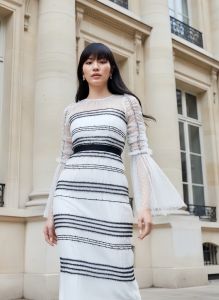 MG013-1220 : เดรสสีขาว ดำ White-Black Long Sleeve See-Through Dress