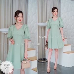 SG472  เดรสคอวี แต่งกระดุม 6 เม็ด ผ้าชีฟอง งานซับในทั้งตัว  𝐅𝐫𝐞𝐞𝐬𝐢𝐳𝐞