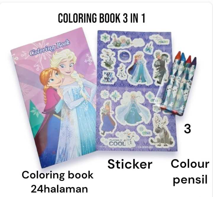 COLORING BOOK 3IN1 STIKER DISNEY BUKU MEWARNAI MENGGUNAKAN PENSIL WARNA