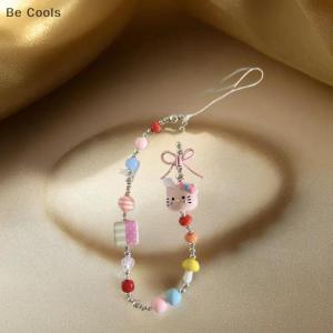 💟【Special price】💟Be Cools 1 2 PCS Cute Hello Kitty Bow Beaded Phone Chain Hand Rope Keychain Pendant Keyring Girly Phone Strap KT Bag Hanging Gifts