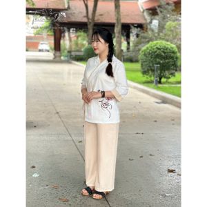 Đồ lam đi chùa nữ pháp phục lễ chùa chất vải Linen thêu chữ tâm phối hoa sen cao cấp Thiên Di D18