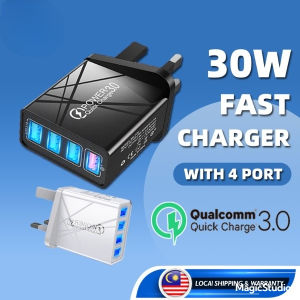 30W Fast Charging Adapter 4 USB Port Phone Charger Adapter QC 3.0 UK Plug Adaptor Universal Kepala Charger 充電器
