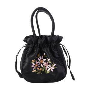 GONG4 Leaf Hanfu Drawstrings Bag Ethnic Style Satin Silk Embroidery Flower Handbag Fashion Storage Bag Small Purse Wallet Outdoor