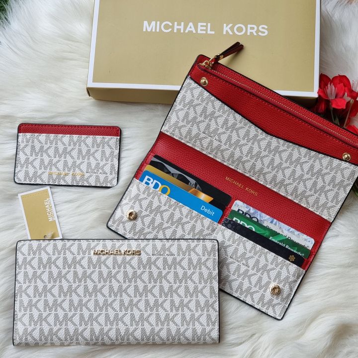 Guaranteed Authentic Michael Kors Jet Set Logo Slim Wallet Vanilla Red Lazada PH